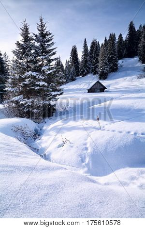old wooden hut in snowy mountains Alps Germany