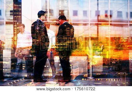 Two businessmen talking on the street. Multiple exposure image. Business concept illustration. London
