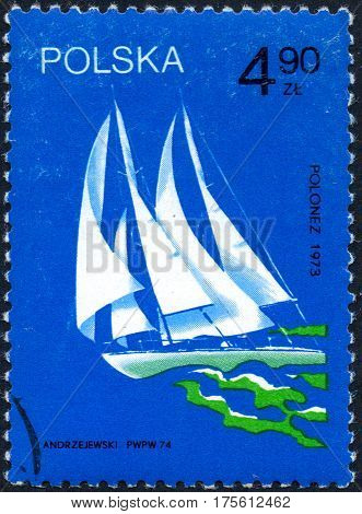 UKRAINE - CIRCA 2017: A stamp printed in Poland shows old sailing yacht Polonez 1973 circa 1974