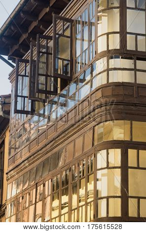 Leon (Castilla y Leon Spain): historic building with typical verandas