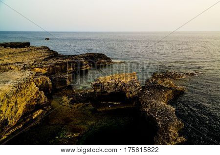 Sea view from Azure window natural arch, now vanished, Gozo island Malta