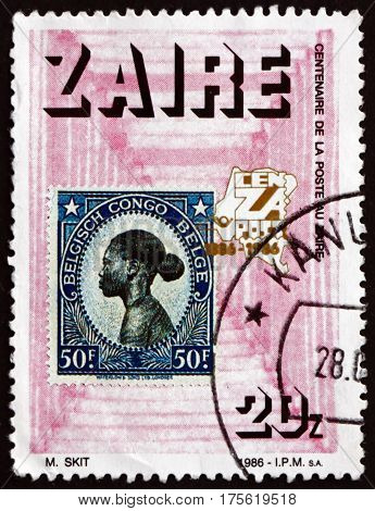 ZAIRE - CIRCA 1986: a stamp printed in the Zaire dedicated to postage stamps centenary circa 1986