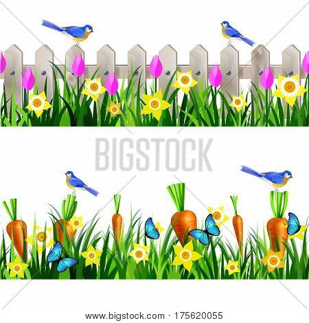 Green Grass and white wooden fance seamless isolated clip art vector on white with rose tulips and yellow daffodils and bluebirds carrots set