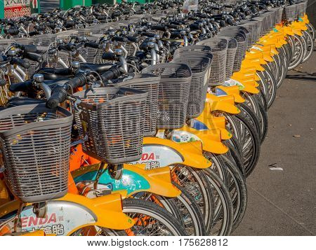Taipei Taiwan - October 04 2016: Thousands of different bikes on the streets of Taipei