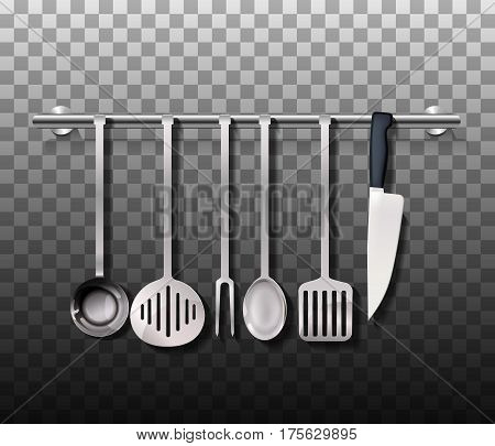Realistic cutlery set. Silver or steel kitchen utensil isolated on background. Vector