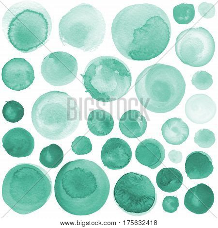 Set of colorful watercolor hand painted circle isolated on white. Watercolor Illustration for artistic design. Round stains blobs of light blue and mint color