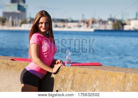Woman Drinking Water After Sport Gym Outdoor