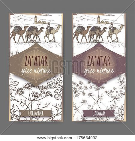 Two Zaatar spice mixture labels with Jerusalem town landscape, coriander and caraway sketch. Culinary herbs collection. Great for cooking, medical, gardening design.