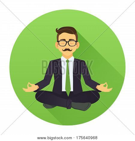 Vector Illustration Of Businessman Sitting In Lotus Pose. Meditating Office Worker On Greenery Trend