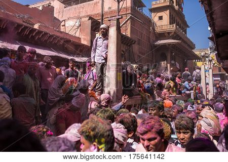 Mathura, India. March 23, 2016. Holi celebration on the streets of Vrindavan, Uttar Pradesh, India.