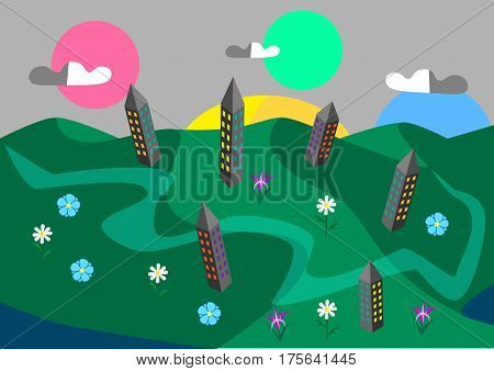 Green city and flowers against the background of the planets