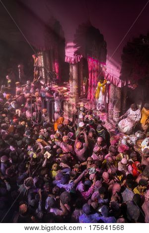 Vrindavan, India. March 23, 2016. Holi celebration in the Hindu Banke Bihare temple in Vrindavan, Uttar Pradesh, India. 