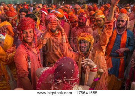 Nandgaon, India - March 18, 2016: Barsana villagers come to Nandgaon village to celebrate Lathmar Holi in Nandgaon, Uttar Pradesh, India.