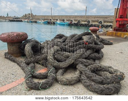 Shimen Taiwan - October 03 2016: Red crane in the fishing port in Shimen.