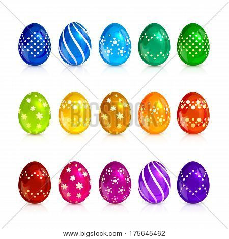 Set of brightly colored Easter eggs with decorative patterns isolated on white background, illustration.