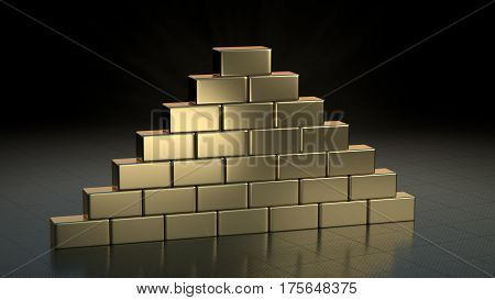 Stack of gold brick bars on shiny metal floor, in storage. 3D render.
