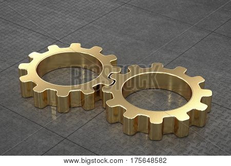 Gold gears, connected, on reflective metal tiled floor. 3D render.