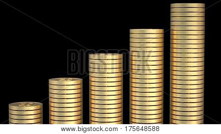 Gold dollar coins stacked to make a pole chart showing stable increase. 3D render.