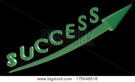 SUCCESS written in 3D green font with up going arrow. Moving up, business, financial success. 3D render.