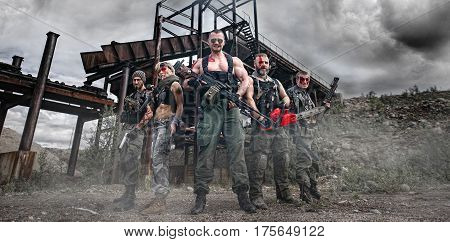 Soldiers with weapons in their hands. Steampunk style