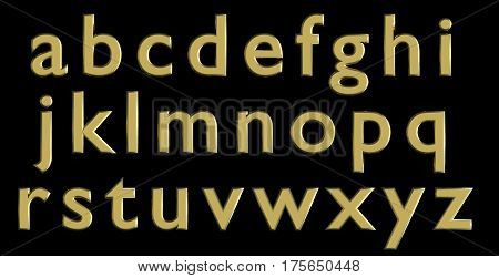English alphabet in gold lower case letters, custom 3D font variant.