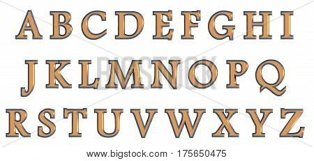 English alphabet in gold upper case letters, custom 3D font variant.