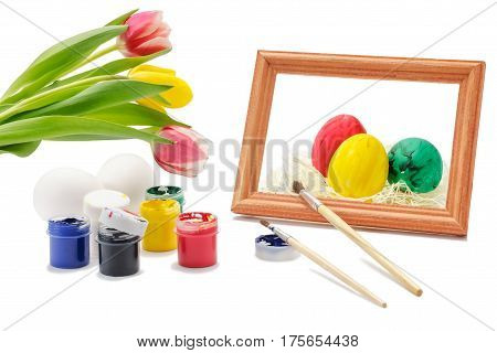 Easter eggs for designers, painted with brush on white background with bouquet of tulips