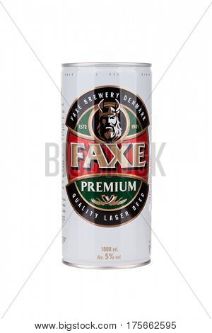 ZAGREB, CROATIA - MARCH 2, 2017: Faxe Premium is a popular lager brewed by Faxe Bryggeri A/S, Danish brewery owned by Royal Unibrew.