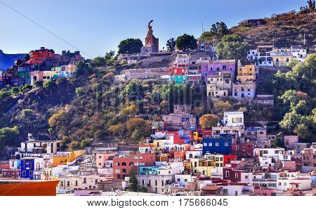 Many Colored Houses El Pipila Statue Guanajuato Mexico. El Pipila is a Mexican Hero from 1810 Mexican War of Independence.