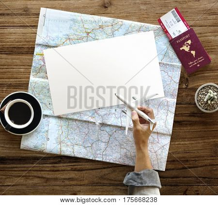 Hand Hold Toy Plane Travel Passport Ticket Map