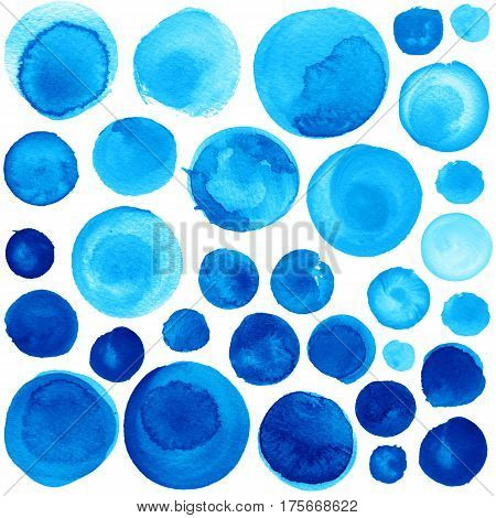 Set of watercolor circles in shades of cerulean cobalt blue ultramarine. Watercolour round elements for logo design banners posters. Royal blue circles hand drawn watercolor background