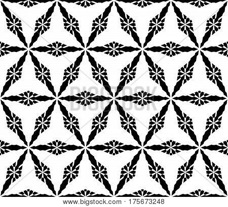 Vector monochrome texture, black & white seamless pattern, ornamental geometric texture with triangles, lines, floral shapes. Endless abstract background, repeat tiles. Design for print, decoration, fabric, cloth