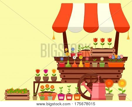flower stand with spring garden flowers. concept spring season vector illustration.