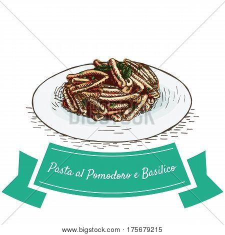 Pasta al Pomodoro e Basilico colorful illustration. Vector illustration of Italian cuisine.