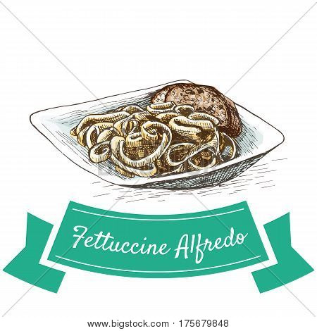 Fettuccine Alfredo colorful illustration. Vector illustration of Italian cuisine.