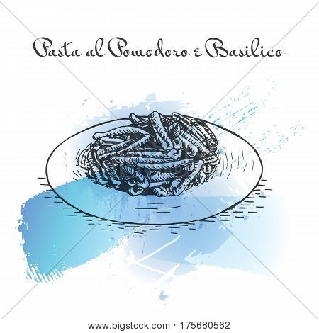 Pasta al Pomodoro e Basilico watercolor effect illustration. Vector illustration of Italian cuisine.