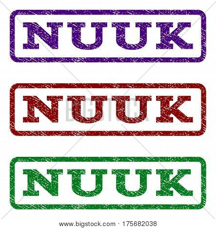 Nuuk watermark stamp. Text caption inside rounded rectangle frame with grunge design style. Vector variants are indigo blue, red, green ink colors. Rubber seal stamp with dust texture.