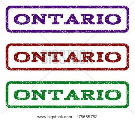 Ontario watermark stamp. Text tag inside rounded rectangle with grunge design style. Vector variants are indigo blue red green ink colors. Rubber seal stamp with scratched texture.