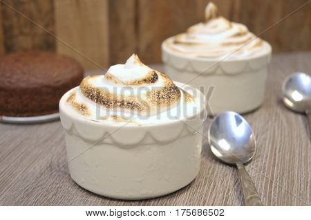 Individual serving of Vegan Baked Alaska with Agua Fava Meringue