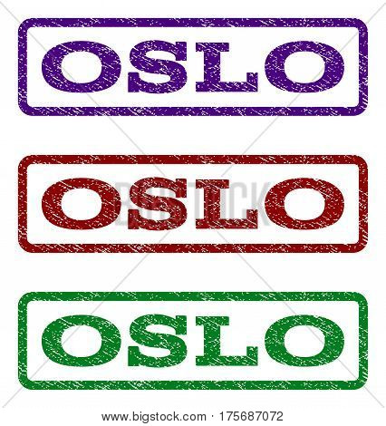Oslo watermark stamp. Text caption inside rounded rectangle with grunge design style. Vector variants are indigo blue red green ink colors. Rubber seal stamp with dust texture.