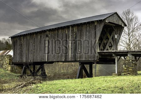 February 26 2016: Goddard Kentucky - Goddard White Bridge the only surviving example of Ithiel Town Lattice design in Kentucky. The timbers are joined with wooden pegs.