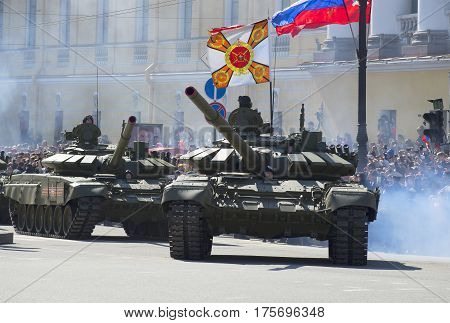SAINT PETERSBURG, RUSSIA - MAY 09, 2015: Two T-90 tanks on parade in honor of Victory day in St. Petersburg
