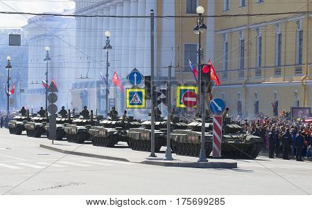 SAINT PETERSBURG, RUSSIA - MAY 09, 2015: A column of T-90 tanks on parade in honor of the 70th anniversary of Victory in the great Patriotic war