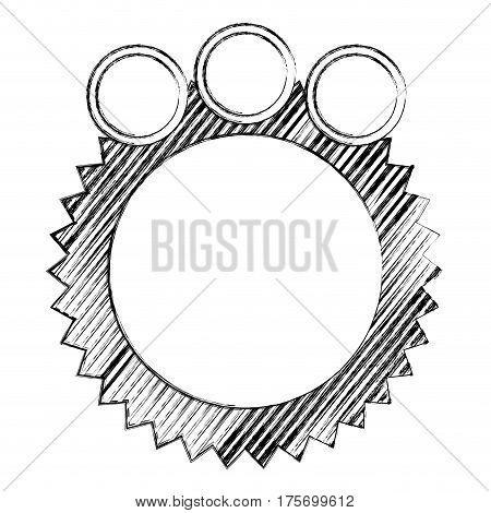 monochrome sketch of circular speech with sawtooth contour and three circles in top side vector illustration