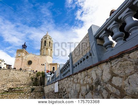 Vanishing point view of Iglesia de Sant Bartomeu i Santa Tecla in Sitges, Spain