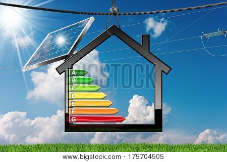 Energy Efficiency - 3D illustration of a symbol in the shape of house with energy efficiency rating solar panel and a power line
