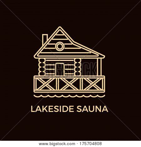 Unique Line Style Vector Logotype Template with Wooden Sauna House on the Lake. Editable Stroke Vector Icon. Clean and minimalist symbol perfect for your business. Sauna relaxation concept.