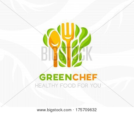 Chef hat with leaves and kitchen utensil. Logo template. Conceptual icon for natural vegan bio organic farm healthy vegan product store or shop.