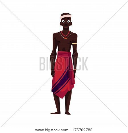Native aborigine man from African tribe in loincloth and bead necklace, cartoon vector illustration isolated on white background. Smiling handsome male African aborigine, full length portrait