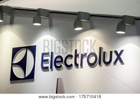 Moscow, Russia - February, 2016: AB Electrolux company logo on the wall. Electrolux is a Swedish multinational home appliance manufacturer